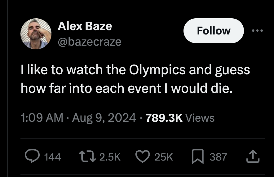 screenshot - Alex Baze I to watch the Olympics and guess how far into each event I would die. Views 144 25K 387